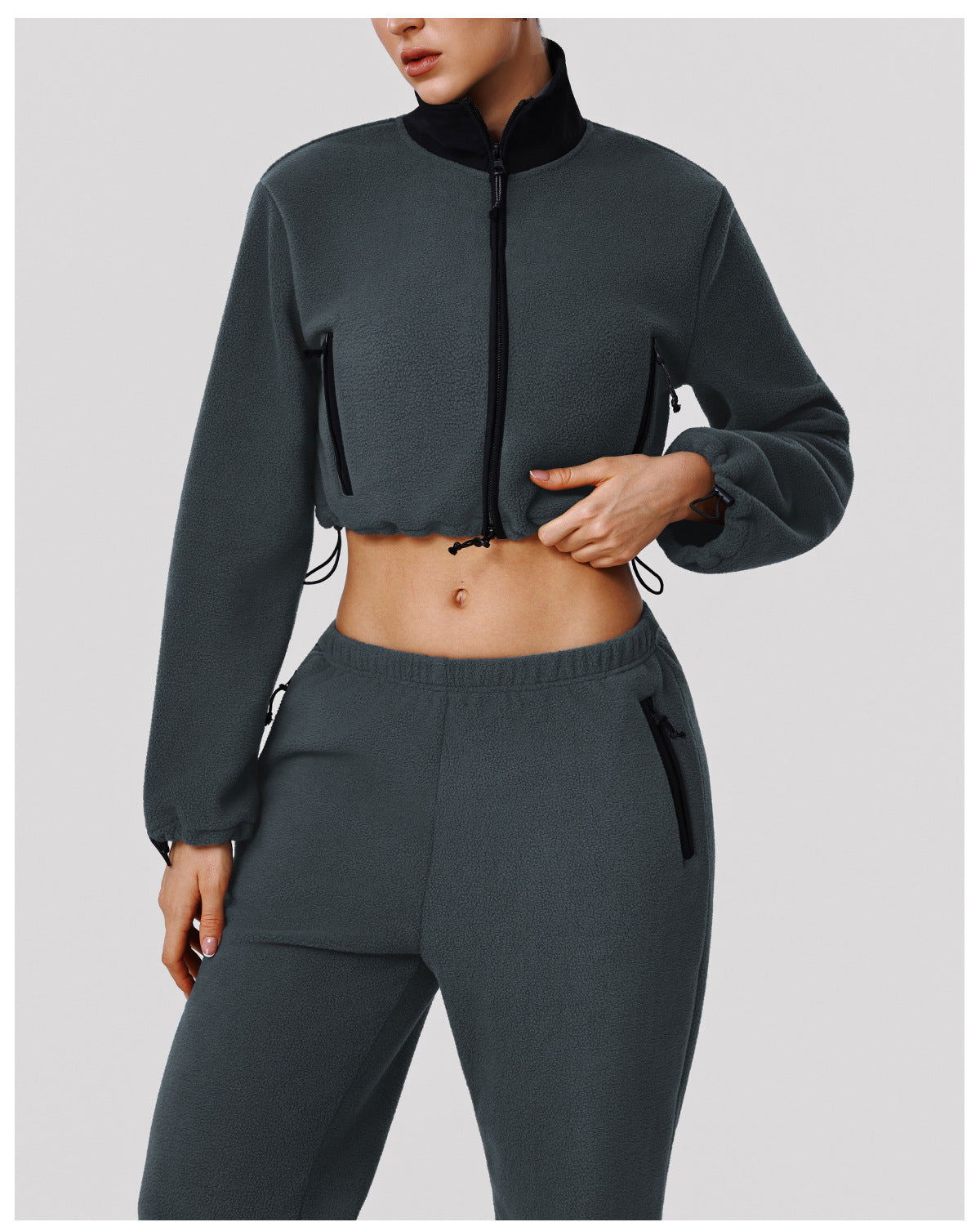 Thickened Double Sided Polar Fleece Casual Autumn Winter Warm Stand Collar Jacket Wide Leg Trousers Sports Two Piece Sets