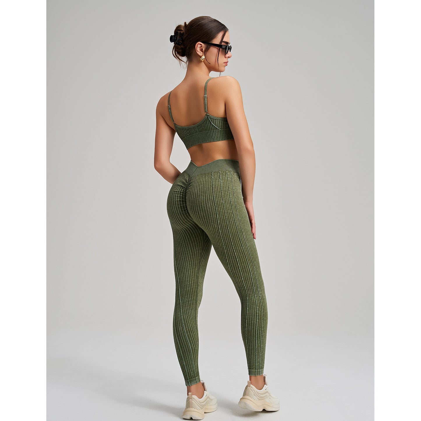Stone Washed Peach Hip Seamless Yoga Pants Set Sports Fitness Running Shockproof Vest Two Piece Set