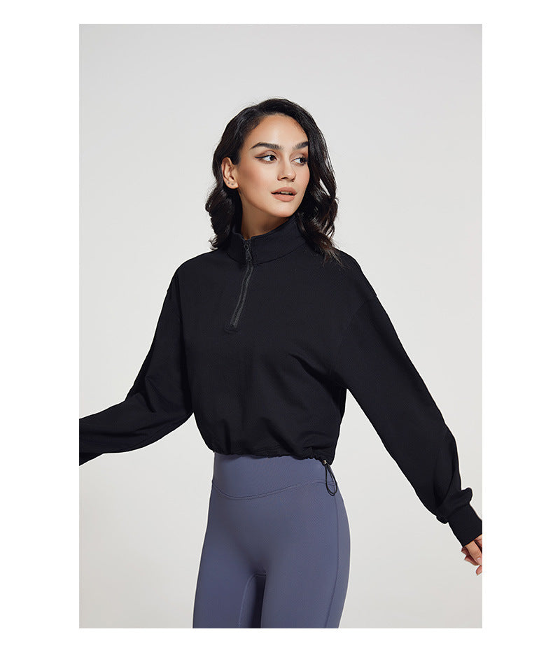 Autumn Long Collar Fitness Sports Sweater Women Loose Zip Drawstring Long Sleeve Yoga Wear Top T shirt