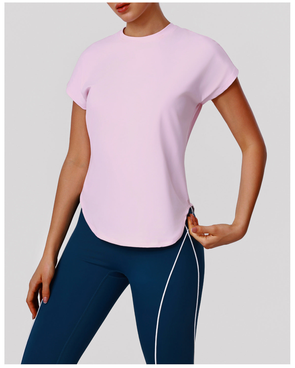 Yoga Clothes round Neck Quick Drying T-shirt Loose Stitching Short Sleeve Sports Workout Outdoor Running Top