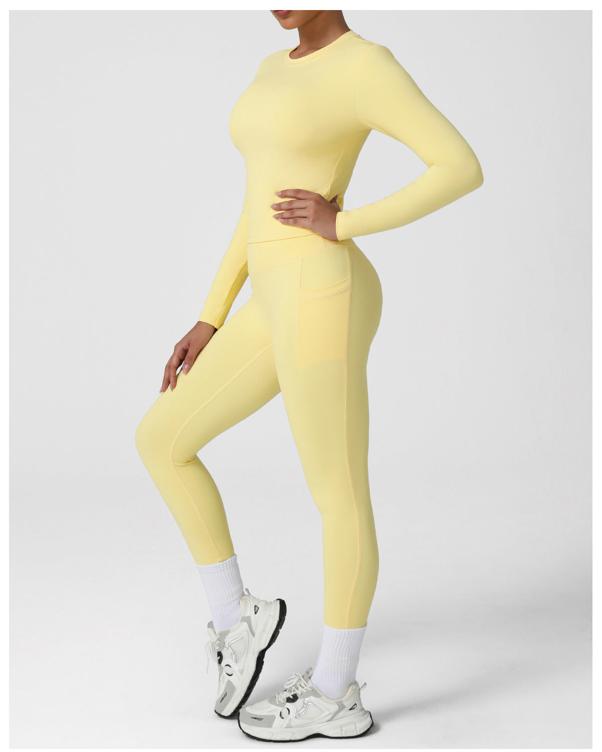 Nuis Nude Feel Tight Long-Sleeve Suit High Waist Running Fitness Pocket Flared Pants Yoga Clothes Two Piece Set