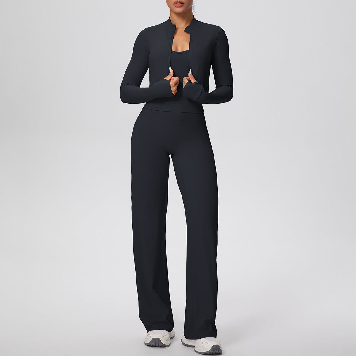 Solid Color Sports Zip Long Sleeve Coat Strap Vest Baggy Straight Trousers Workout Clothes Yoga Three Piece Set