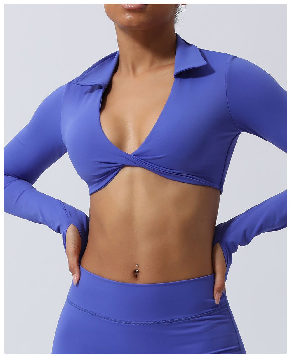 Nude Feel Collared Kinky Sports Top Sexy Cropped Exposed Yoga Clothes with Chest Pad Indoor Training Workout Long Sleeve T shirt