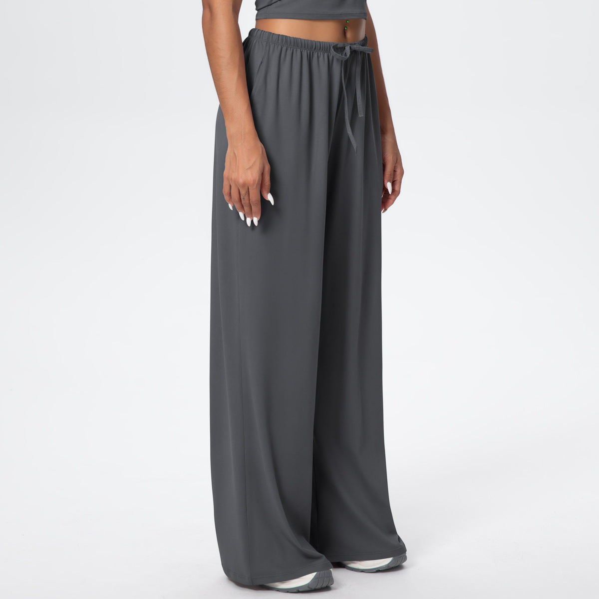 Brushed Trousers Draping Side Pocket Wide Leg Pants Loose Casual Pants Women Sports Fitness Elastic Drawstring Trousers