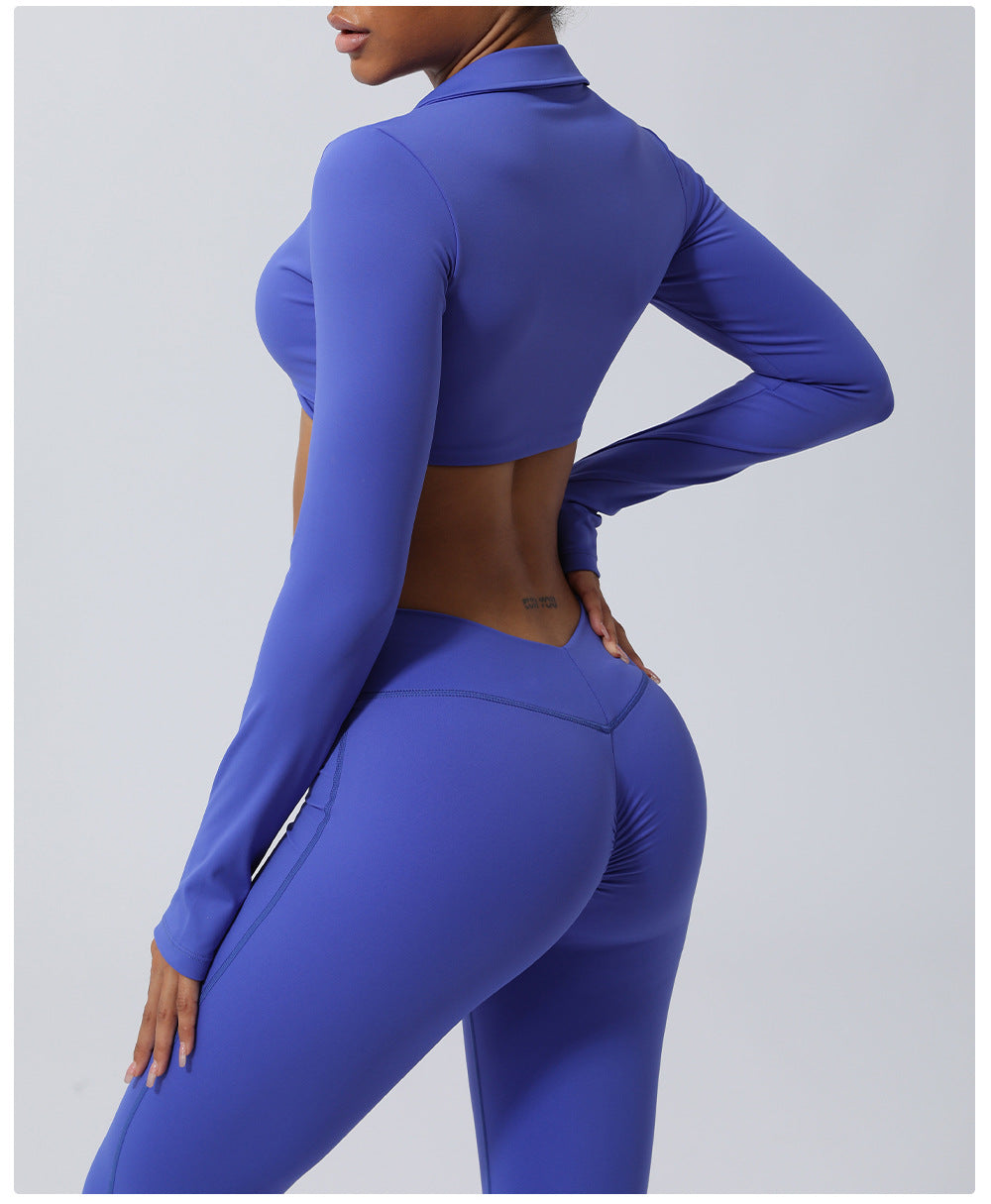 Wrinkle Hip Lifting Yoga Clothes Trousers Nude Feel Quick Drying Fitness Suit Running Sport Long Sleeve T Shirt With Chest Pad