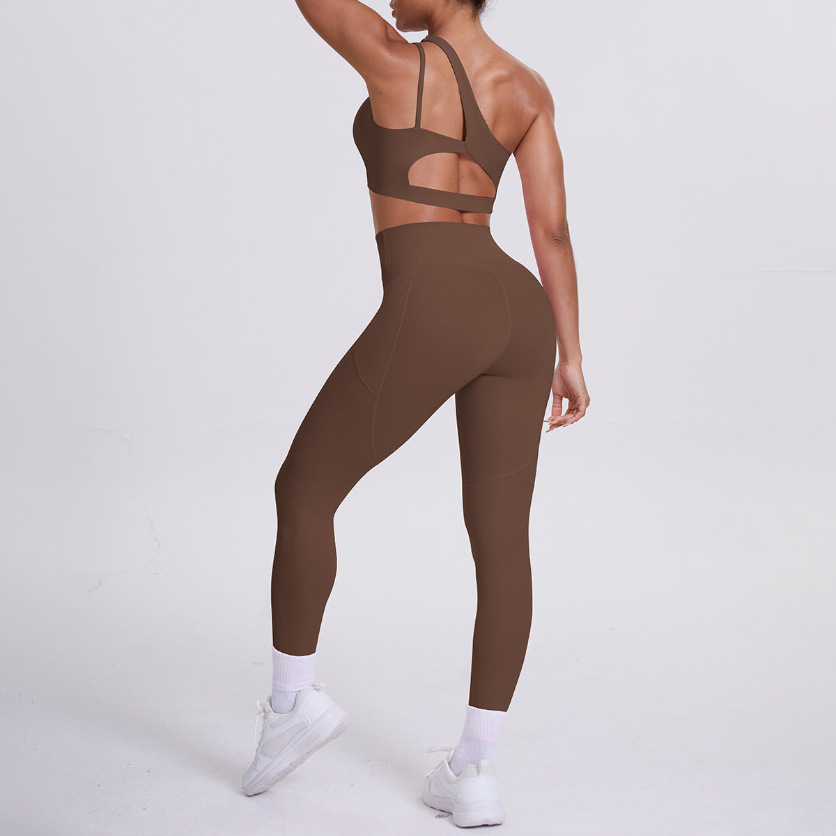 Oblique One Shoulder Beauty Back Yoga Bra Nude Feel Sports Underwear Running Yoga Pants Fitness Pocket Trousers Set