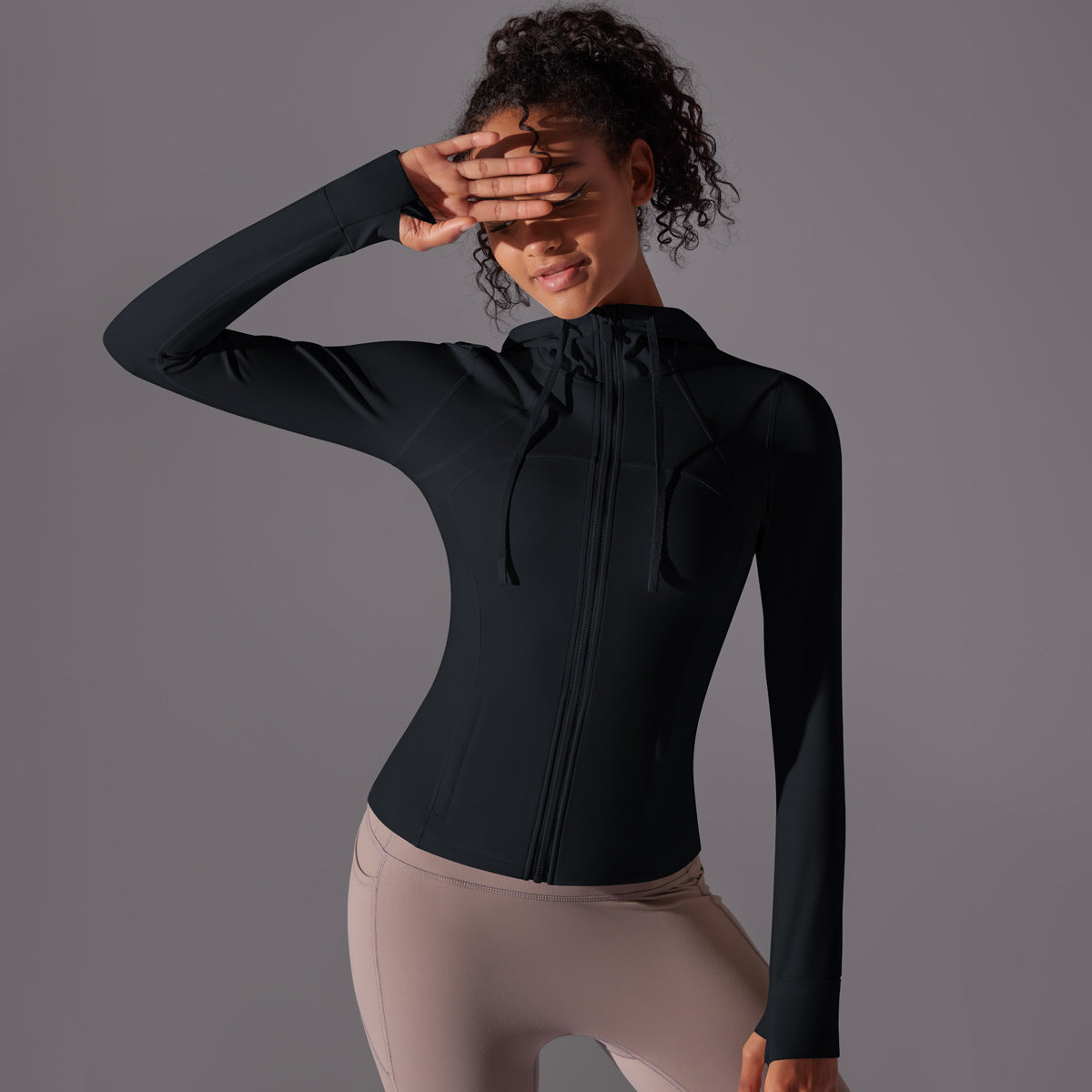 Outdoor Sun Proof Clothes Tight Sports Running Fitness Top Yoga Clothes UV Protection Breathable Hood Zipper Jacket