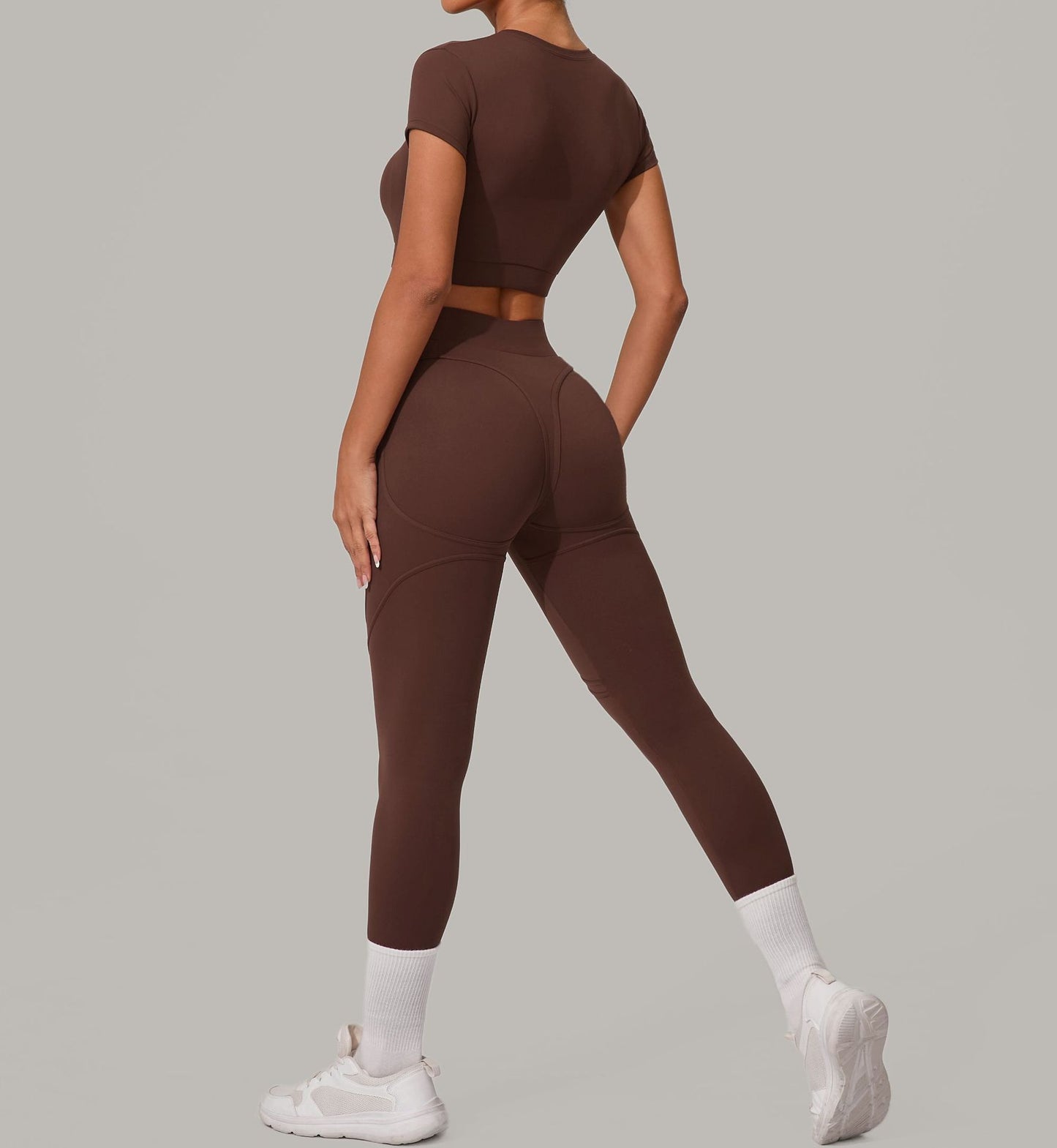 Autumn Sand Brushed Yoga Two Piece Sets Tight High Waist Hip Lifting Yoga Running Exercise Workout Outfit
