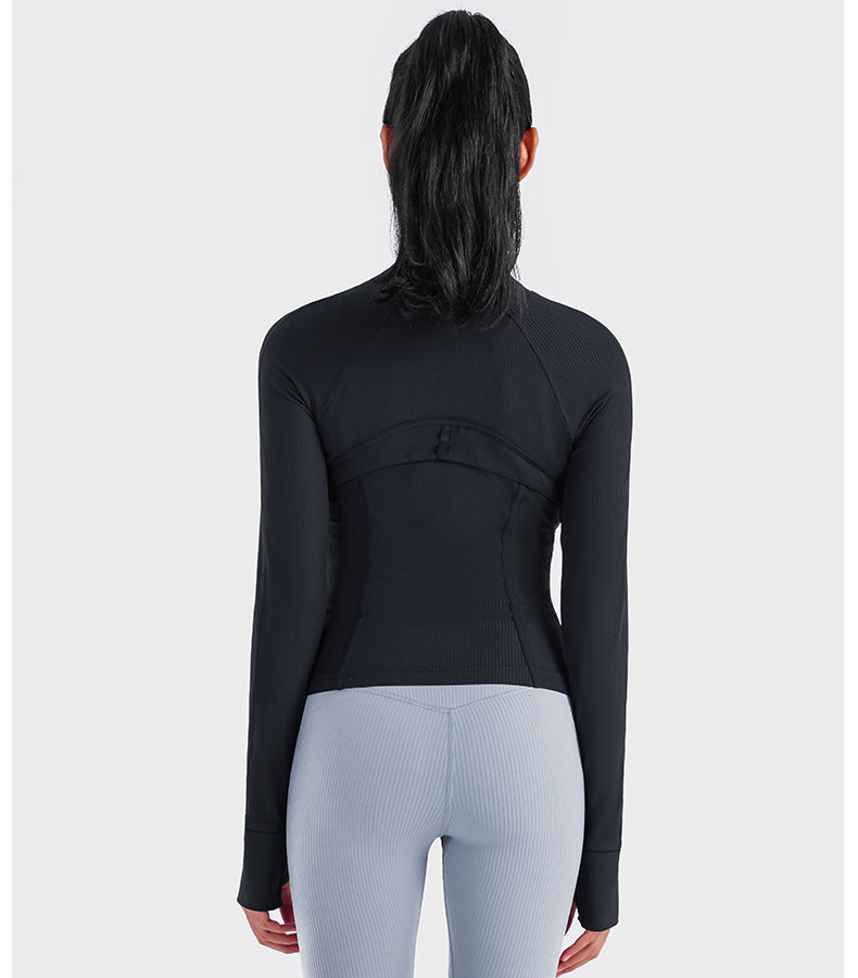 Vertical Rib High Elastic Tight Wicking Wet Yoga Jacket Sports Running Zipper Short Jacket