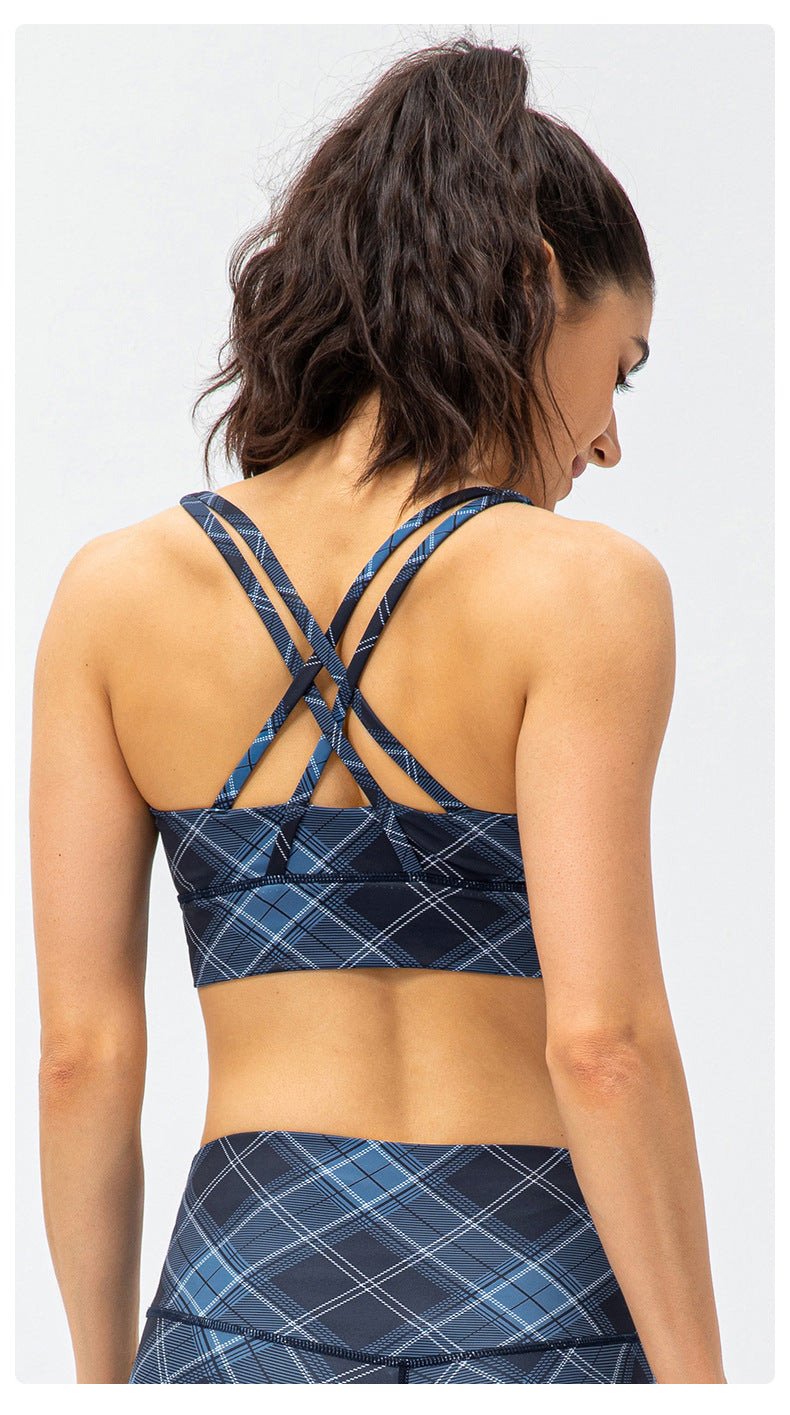 Nude Feel Yoga Sports Bra Houndstooth Shockproof Running Vest with Chest Pad Fitness Bra Plaid Element