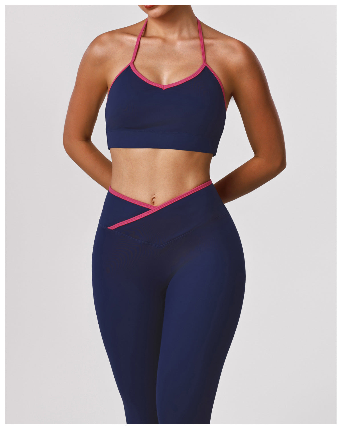High Elastic Hip Lifting Tights Yoga Contrast Color Thin Band Halter Bra Training Sports Two Piece Sets Women