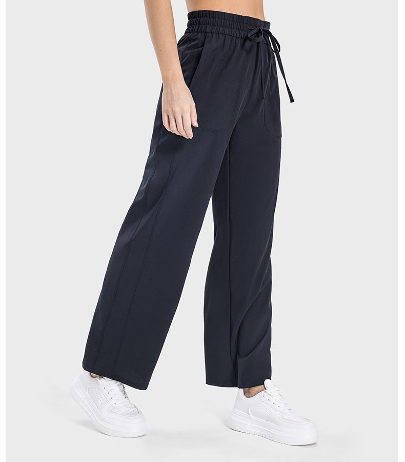 Pocket Slim Fit Slimming High Waist Hip Lift Casual Sports Pants Women Elastic Drawstring Waist Straight Leg Pants