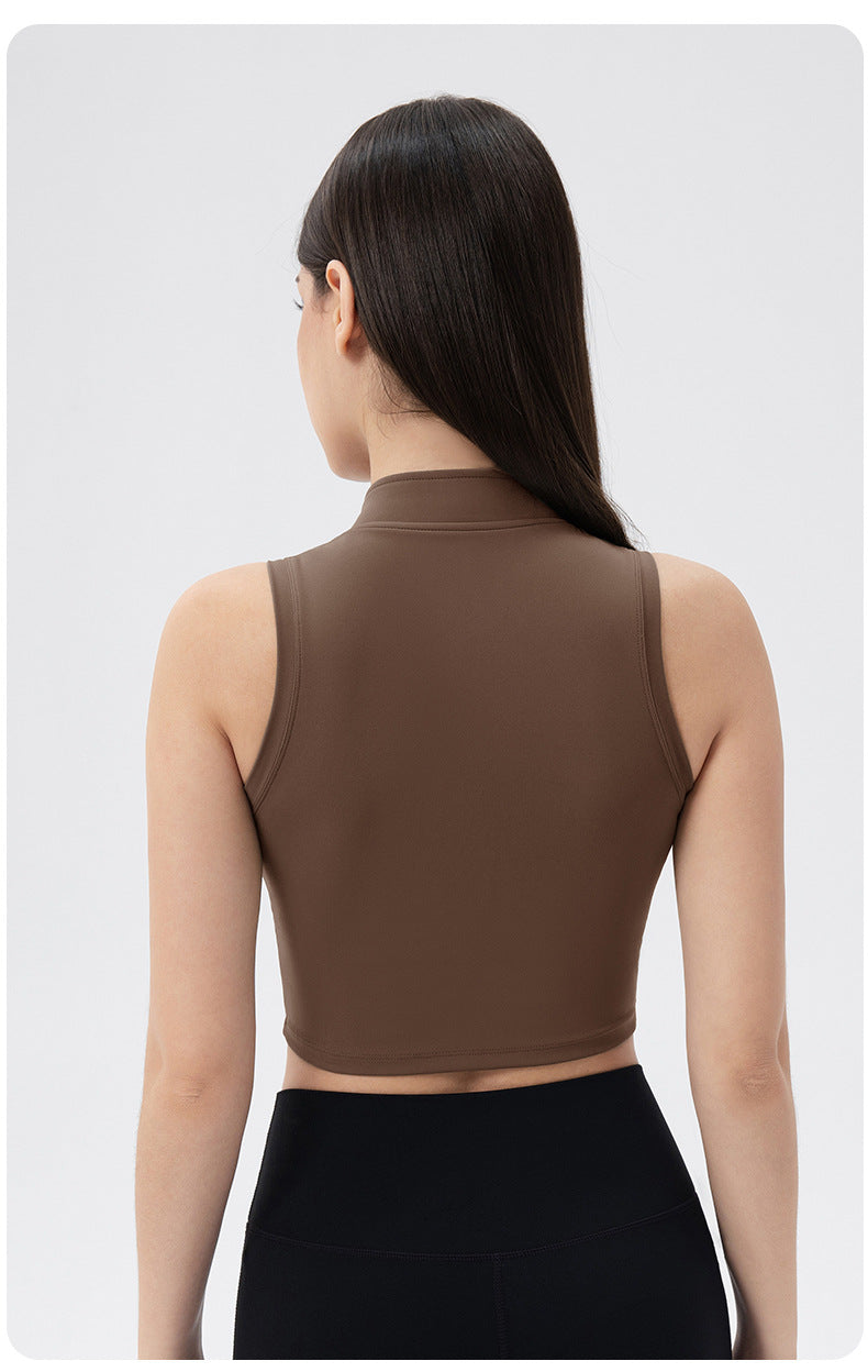 Sleeveless Stand Collar Slimming Yoga Clothes Vest Front Zipper Skinny Exercise Top with Chest Pad Running Workout Vest Women