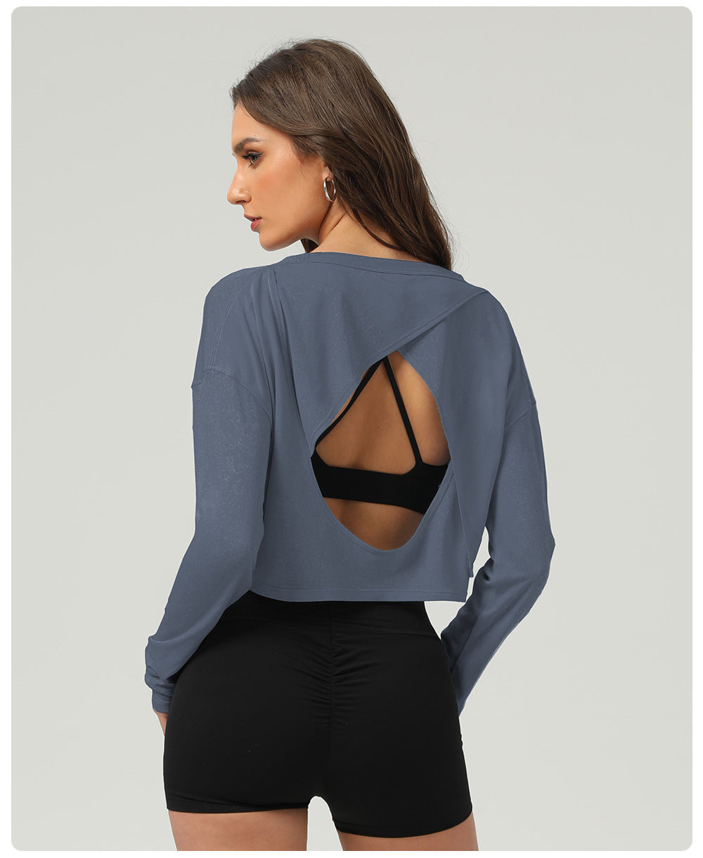 Fitness Sports Long Sleeved Top Women O neck Short Backless Outerwear Casual Long Sleeves Yoga Clothes Blouse