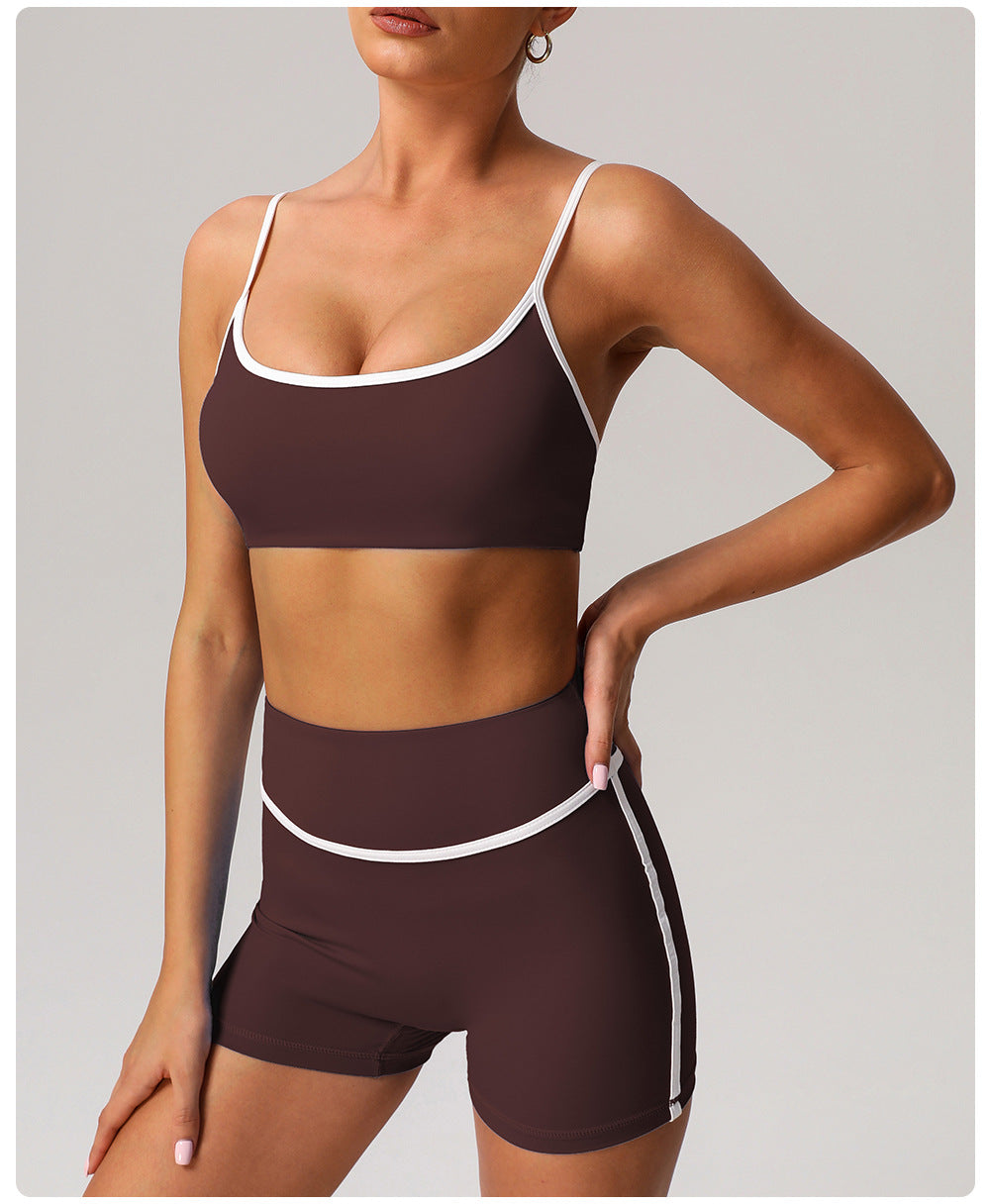 Contrast Color Thin Belt Sports Underwear Gather Shockproof Yoga Bra with Pad Outdoor Running Fitness Clothes