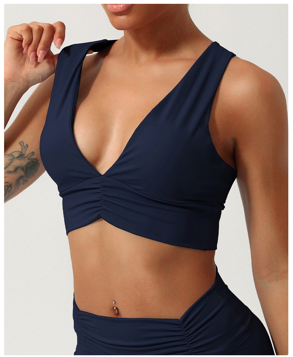 Nude Feel Gathered V neck Yoga Bra Cross Beauty Back Exercise Underwear Shockproof Workout Clothes Underwear Padded