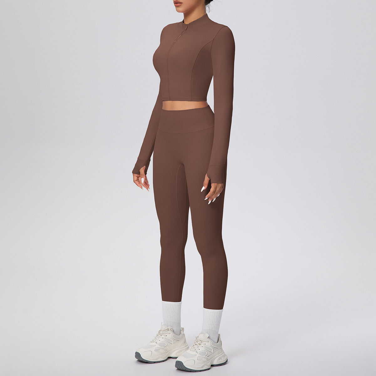 Tight High Waist Nude Feel Sports Thumb Hole Zip Long Sleeve Coat Yoga Clothes Fitness Hip Lifting Yoga Set