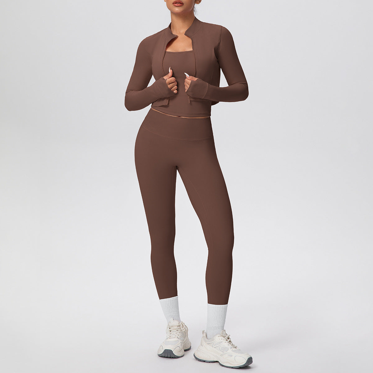 Solid Color Zip Long Sleeve Coat H Shaped Beauty Back Vest Slim Fit Yoga Pants Workout Clothes Yoga Three Piece Set