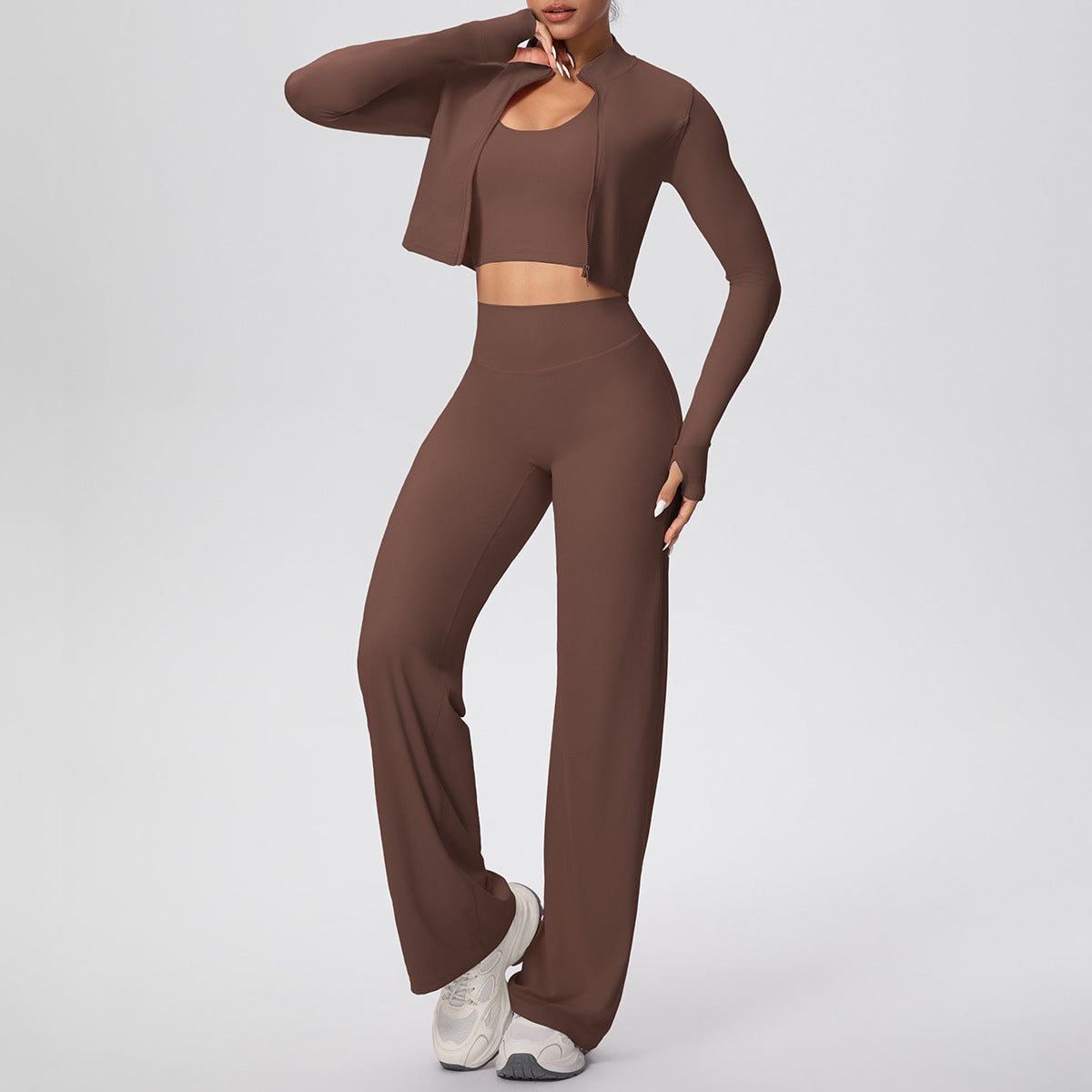 Solid Color Sports Zip Long Sleeve Coat Halterneck Vest Baggy Straight Trousers Workout Clothes Yoga Three Piece Suit