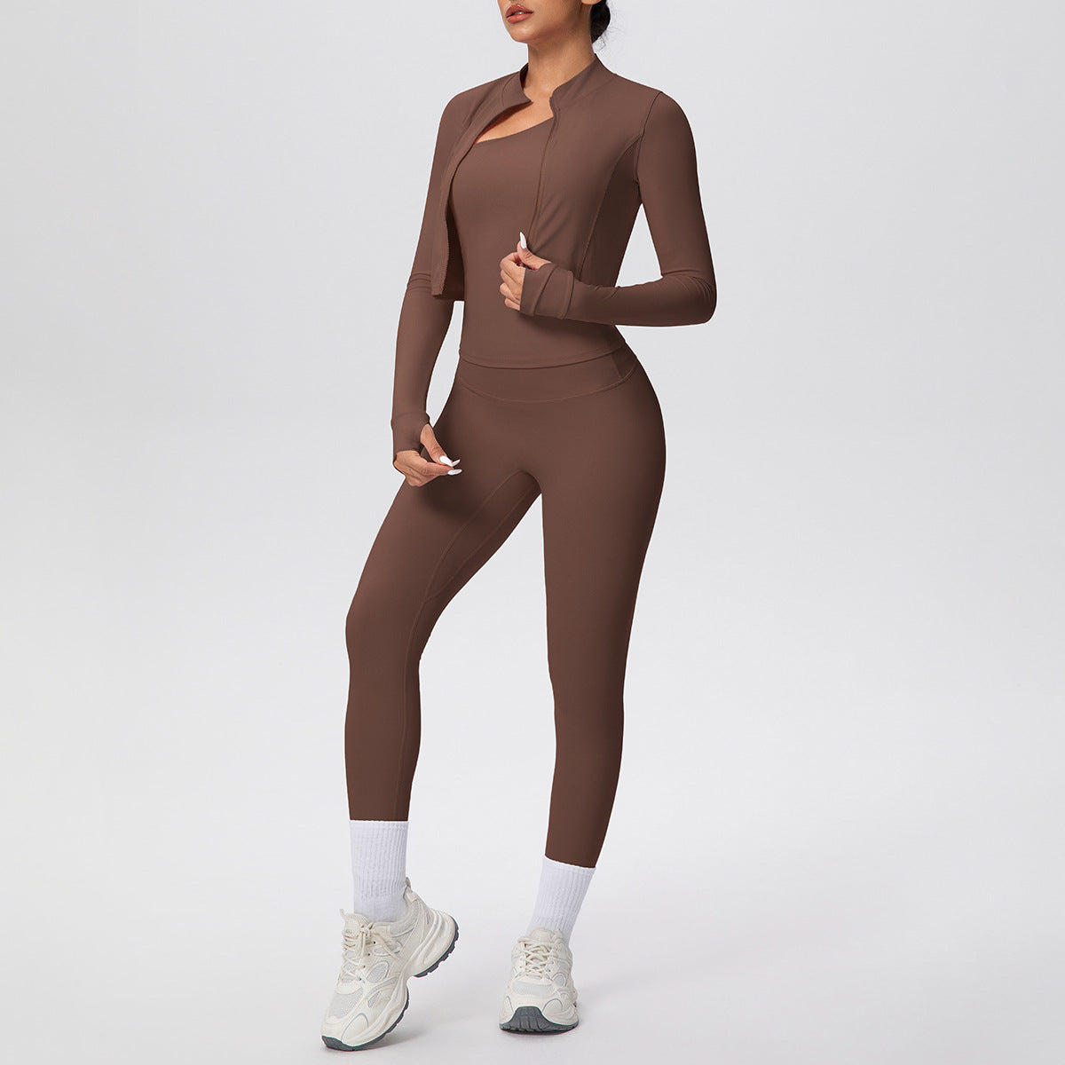 Women Solid Color Zip Long Sleeve Coat Oblique Shoulder Vest Slim Fit Yoga Pants Workout Clothes Yoga Three Piece Set
