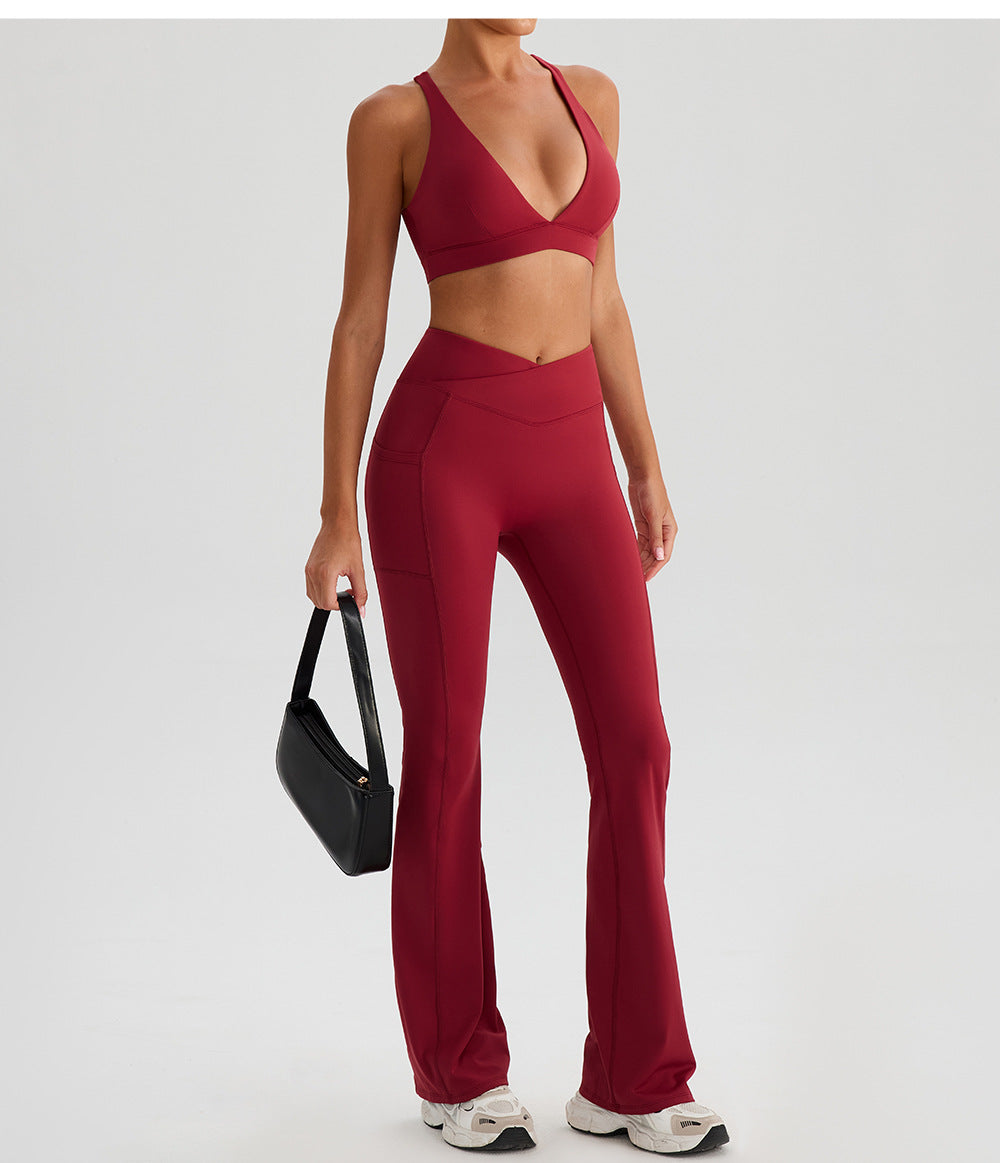 Deep V Plunge Outer Wear Nude Feel Running Sports Bra Cross Back Shaping Shockproof Push up Yoga Clothes Underwear for Women