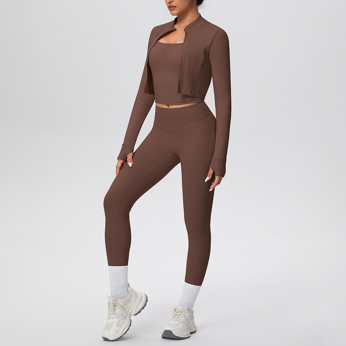 Solid Color Zip Long Sleeve Coat H Shaped Beauty Back Vest Slim Fit Yoga Pants Workout Clothes Yoga Three Piece Set