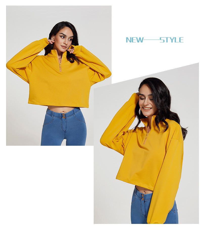 Autumn Long Collar Fitness Sports Sweater Women Loose Zip Drawstring Long Sleeve Yoga Wear Top T shirt