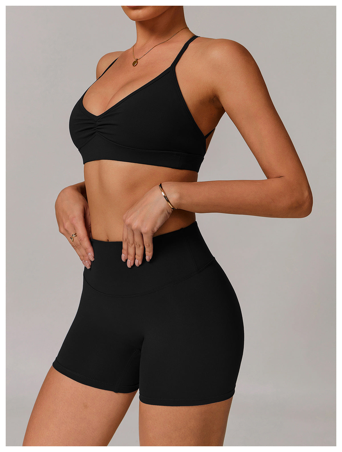Sollinarry V neck Yoga Bra Cross Back Slimming Pleated Underwear Running Sports Workout Bra