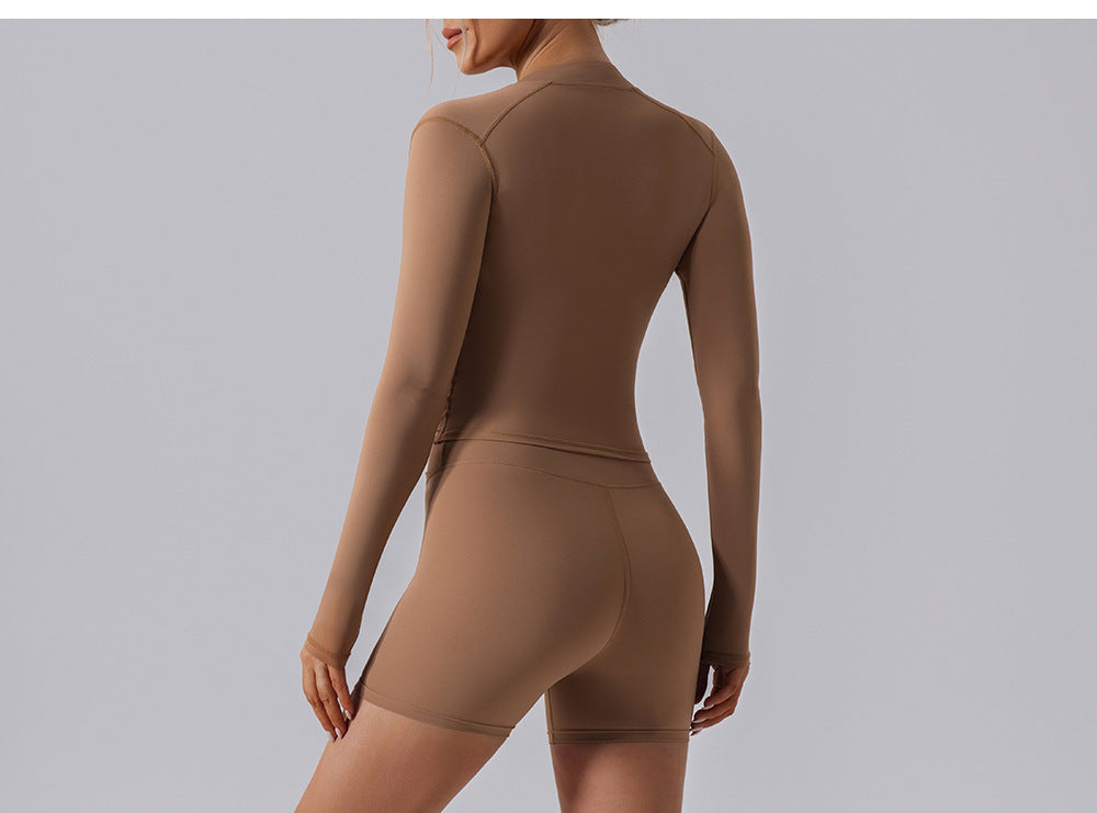 Autumn High Elastic Gym Sports Top Women Long Sleeve Slim Fit Zipper Cardigan Skinny Running Yoga Clothes Coat