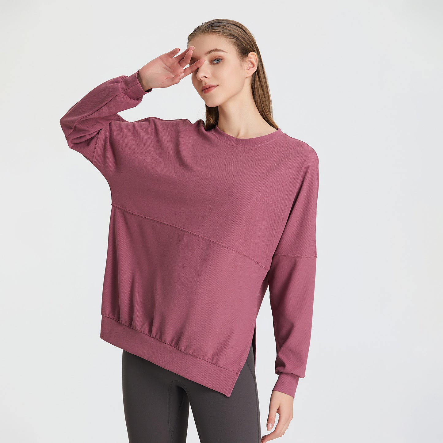 Autumn Winter Loose Waffle Side Fork Sports Top Women Casual Running Workout Clothes Long Sleeved T shirt Yoga Clothes Blouse