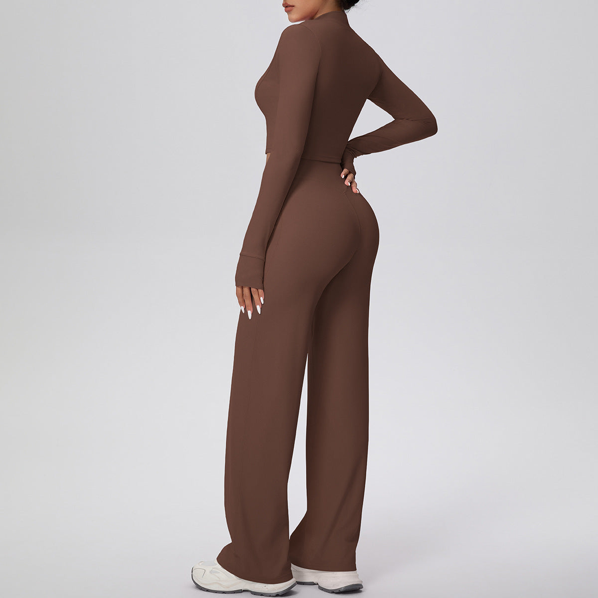 Micro Brushed Solid Color Zipper Jacket Sports Long Sleeve Running Baggy Straight Trousers Fitness Yoga Wear Suit Women