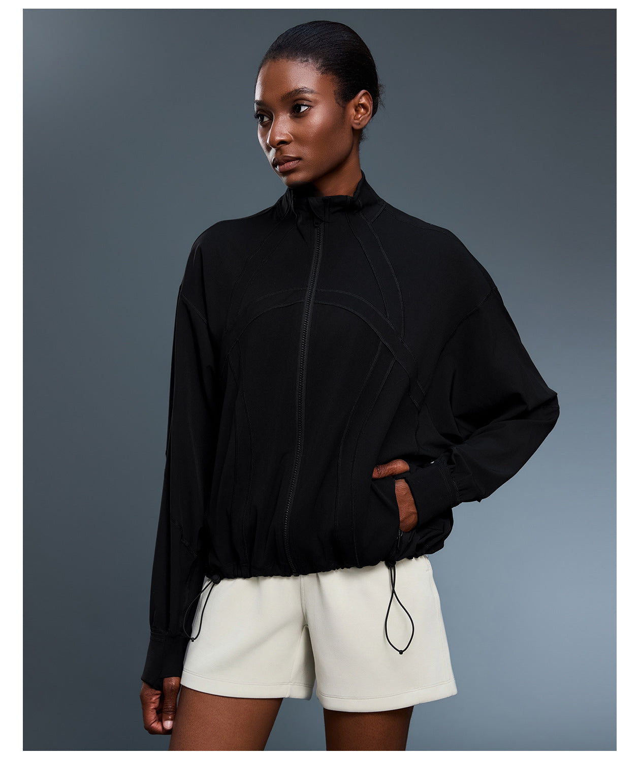 Windproof Stand Collar Baggy Coat Women Autumn Simplicity All Match Drawstring at Hem Sports Workout Clothes