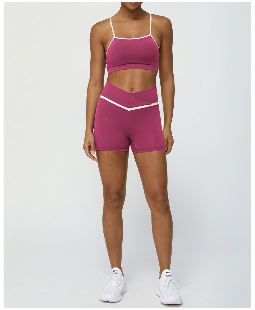 Contrast Color Cross V Waist Sports Shorts Casual Peach Hip Yoga Shorts Skinny Running Fitness Pants