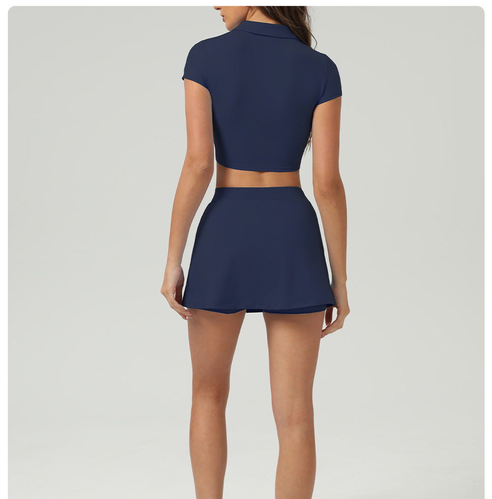 Summer Tennis Skirt Ice Feeling Sun Protection Sports Short Sleeve Top Loose Running Anti Emptied Pantskirt Two Piece Sets