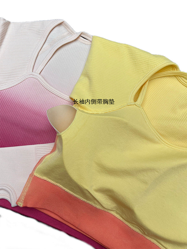 Summer Gradient Women Clothing Yoga T shirt Short Sleeved Sports Shorts Tight Cropped Stretch Two Piece Set Women