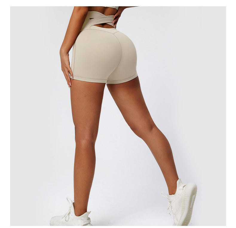 Summer Nude Feel Yoga Shorts High Waist Hip Lift Back Waist Cross Cycling Fitness Exercise Short Shorts