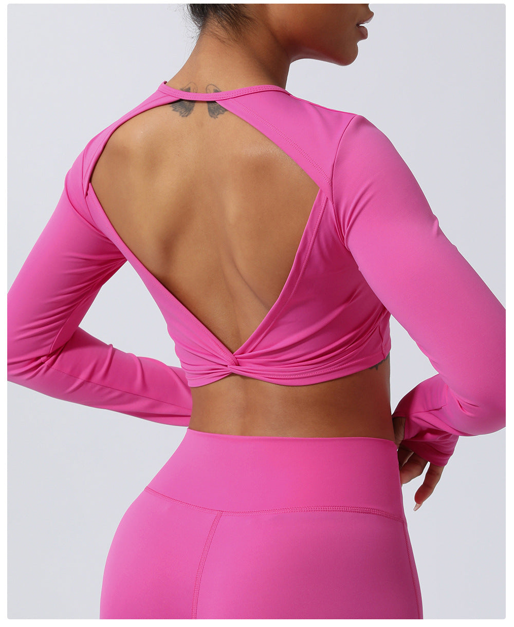 Spring Nude Feel Hollow Out Cutout Out Beauty Back Sports Top Twisted Short Yoga Clothes With Chest Pad Long Sleeve T Shirt Workout Clothes