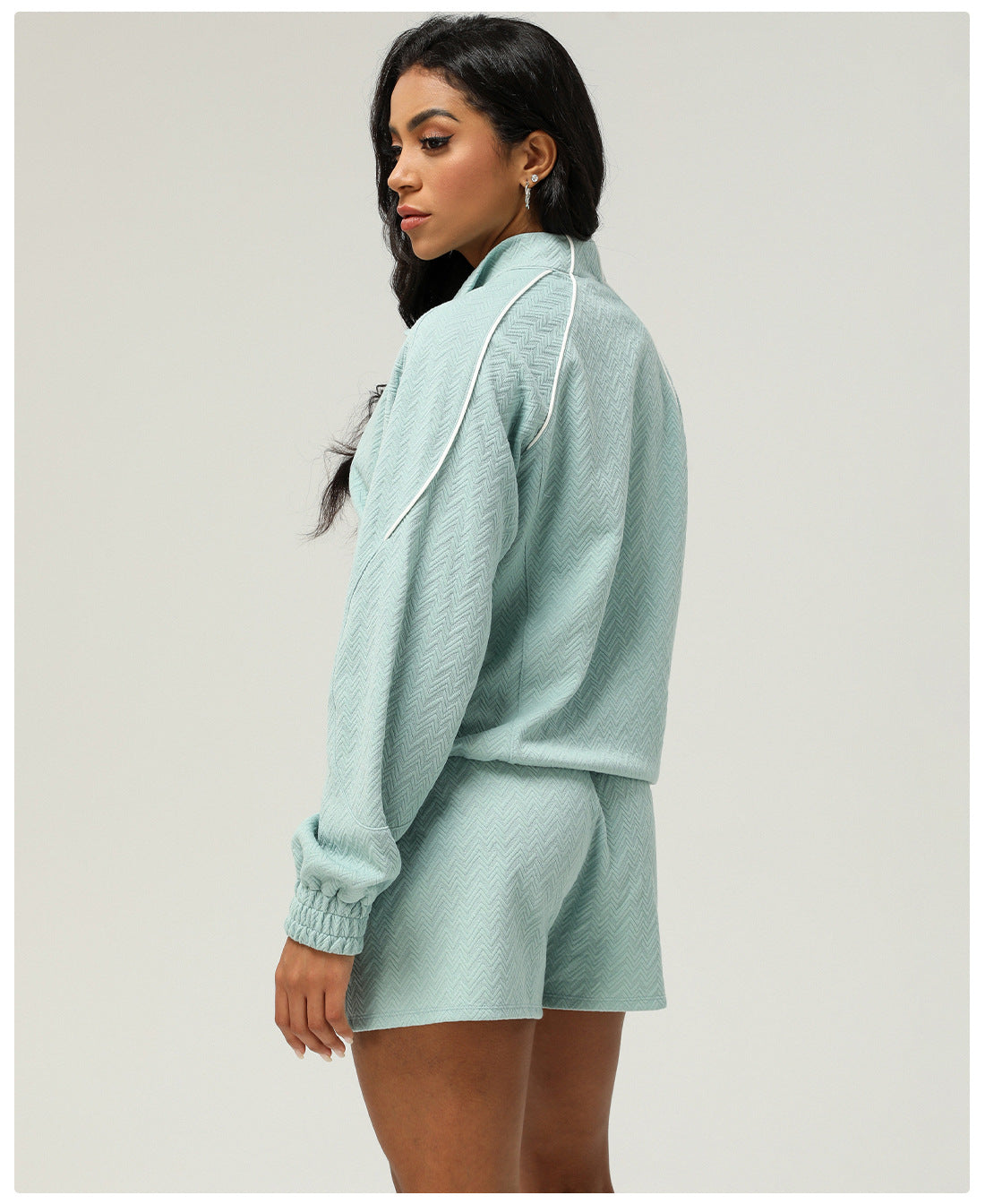 Texture Sports Long Sleeve Coat Shorts Casual Women Yoga Wear Two Piece Sets