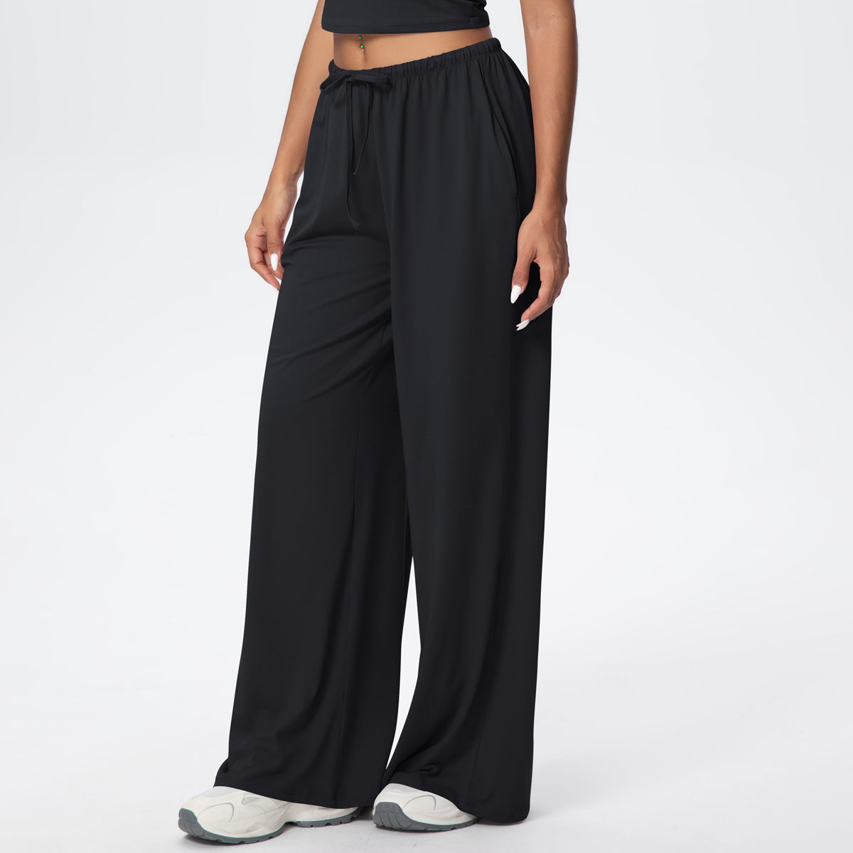 Brushed Trousers Draping Side Pocket Wide Leg Pants Loose Casual Pants Women Sports Fitness Elastic Drawstring Trousers