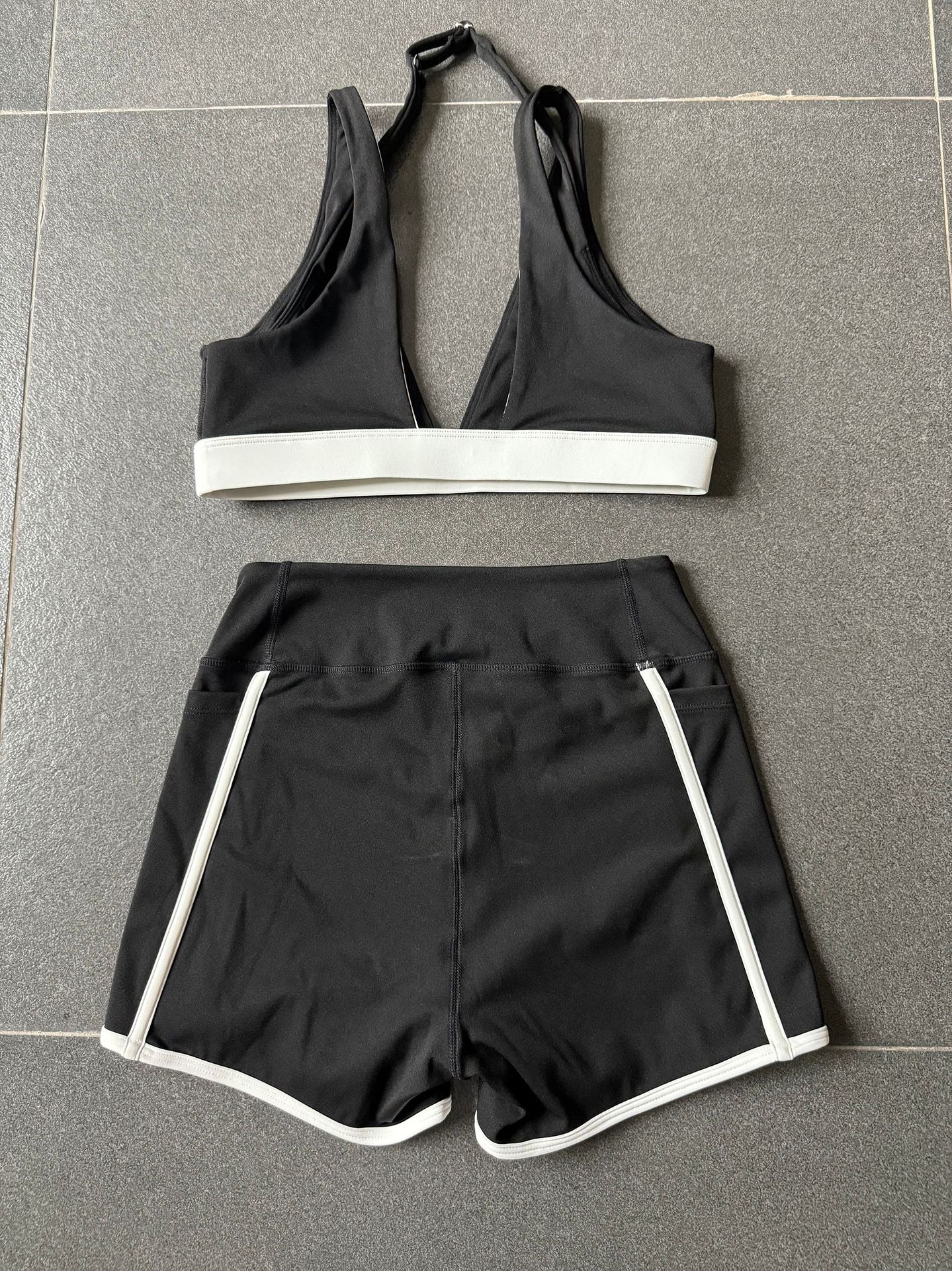 Autumn Sand Color Contrast Patchwork Yoga Pocket Tight Sports Women Outdoor Running Fitness Yoga Two Piece Sets