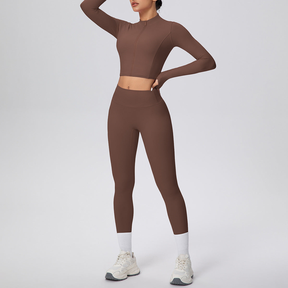 Tight High Waist Nude Feel Sports Thumb Hole Zip Long Sleeve Coat Yoga Clothes Fitness Hip Lifting Yoga Set