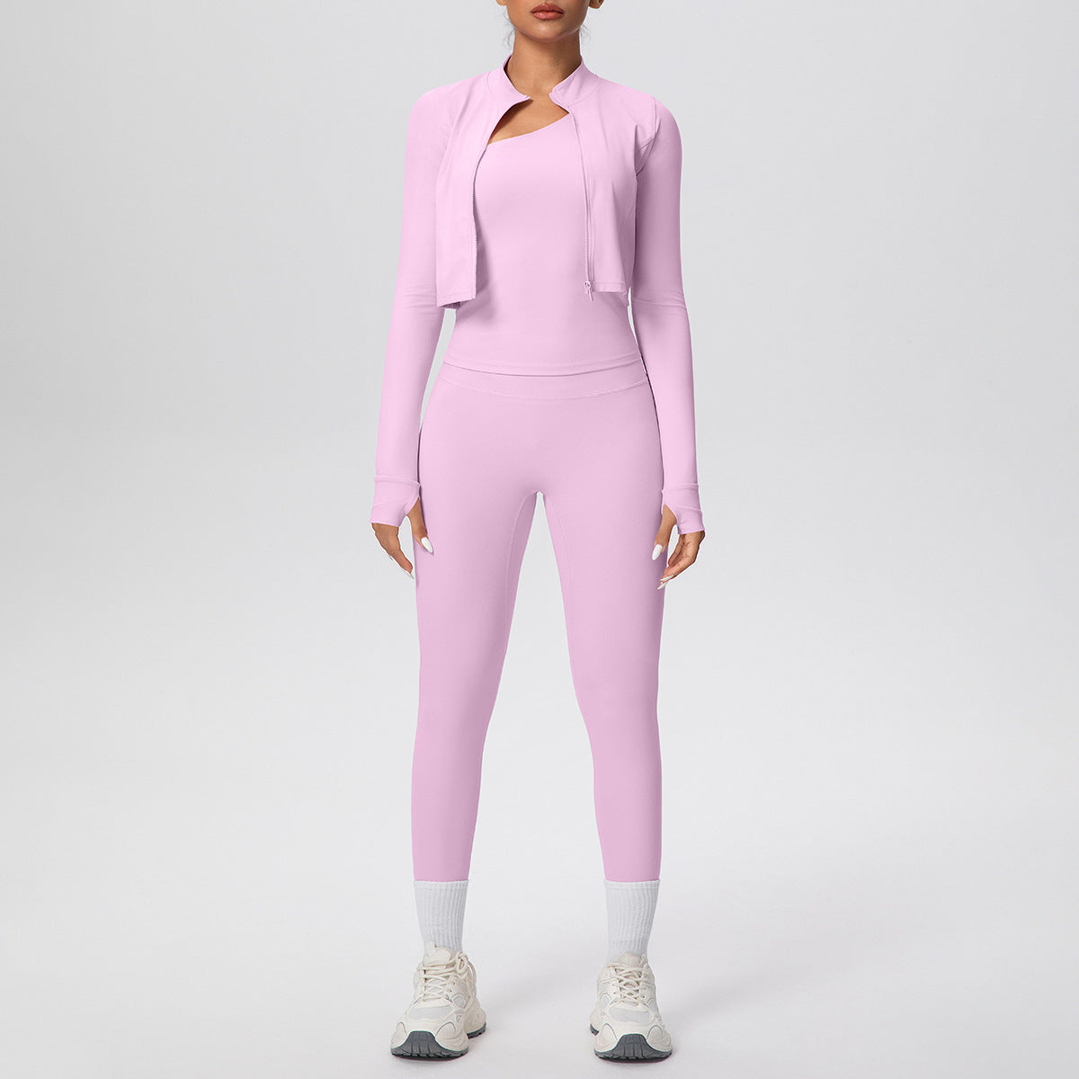 Women Solid Color Zip Long Sleeve Coat Oblique Shoulder Vest Slim Fit Yoga Pants Workout Clothes Yoga Three Piece Set