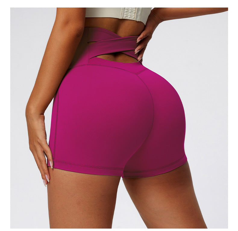Summer Nude Feel Yoga Shorts High Waist Hip Lift Back Waist Cross Cycling Fitness Exercise Short Shorts