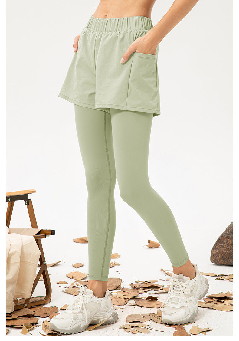 Women Faux Two Piece Yoga Trousers High Waist Hip Lift Fitness Pants Pocket Loose Breathable Running Workout Pants
