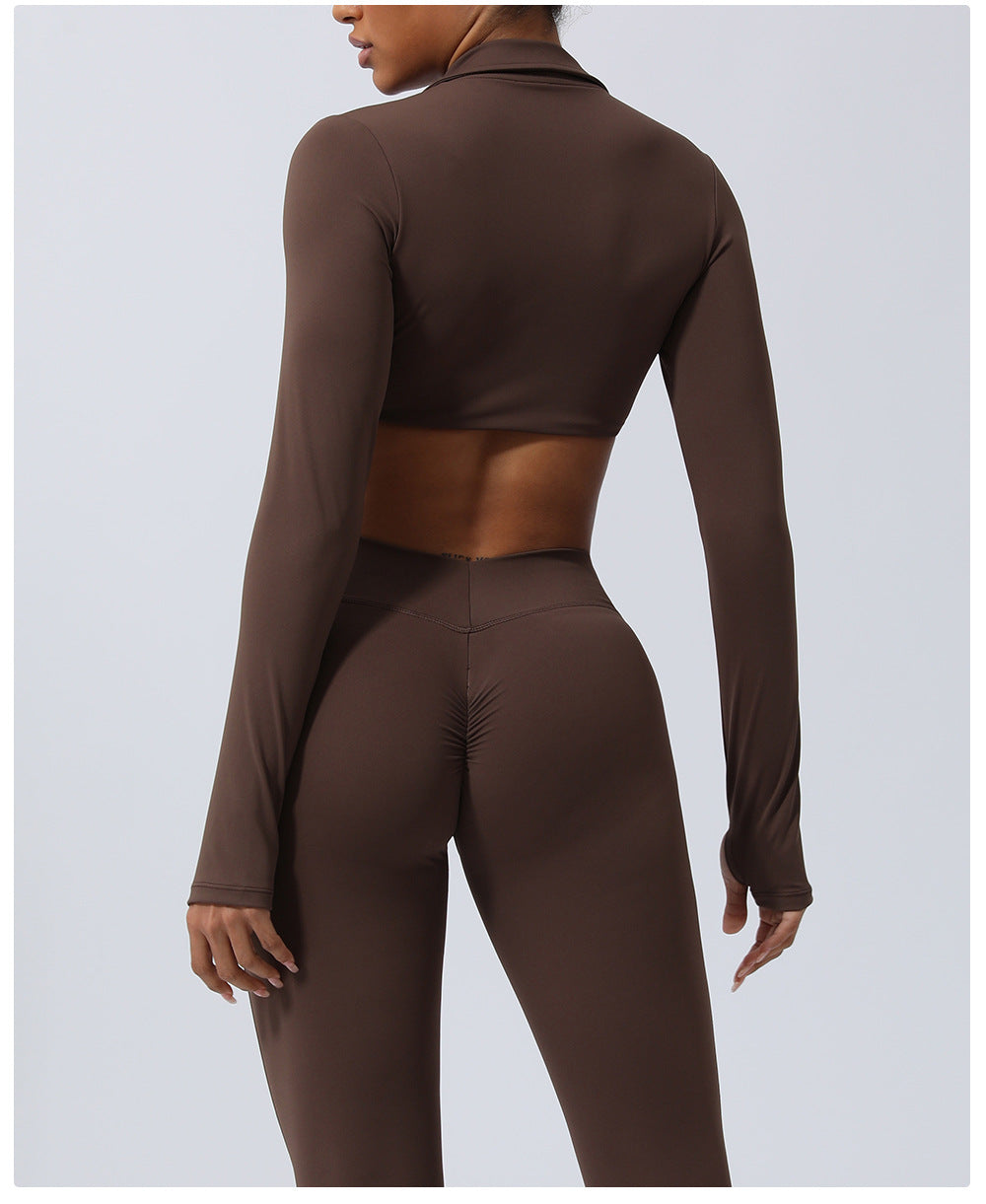 Wrinkle Hip Lifting Yoga Clothes Trousers Nude Feel Quick Drying Fitness Suit Running Sport Long Sleeve T Shirt With Chest Pad