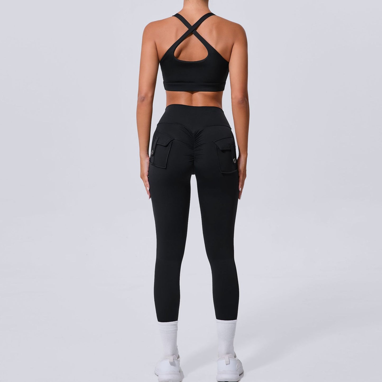 Autumn Sand Winter Pocket Nude Feel Tight Yoga High Waist Quick Drying Running Sports Workout Clothes Two Piece SetS
