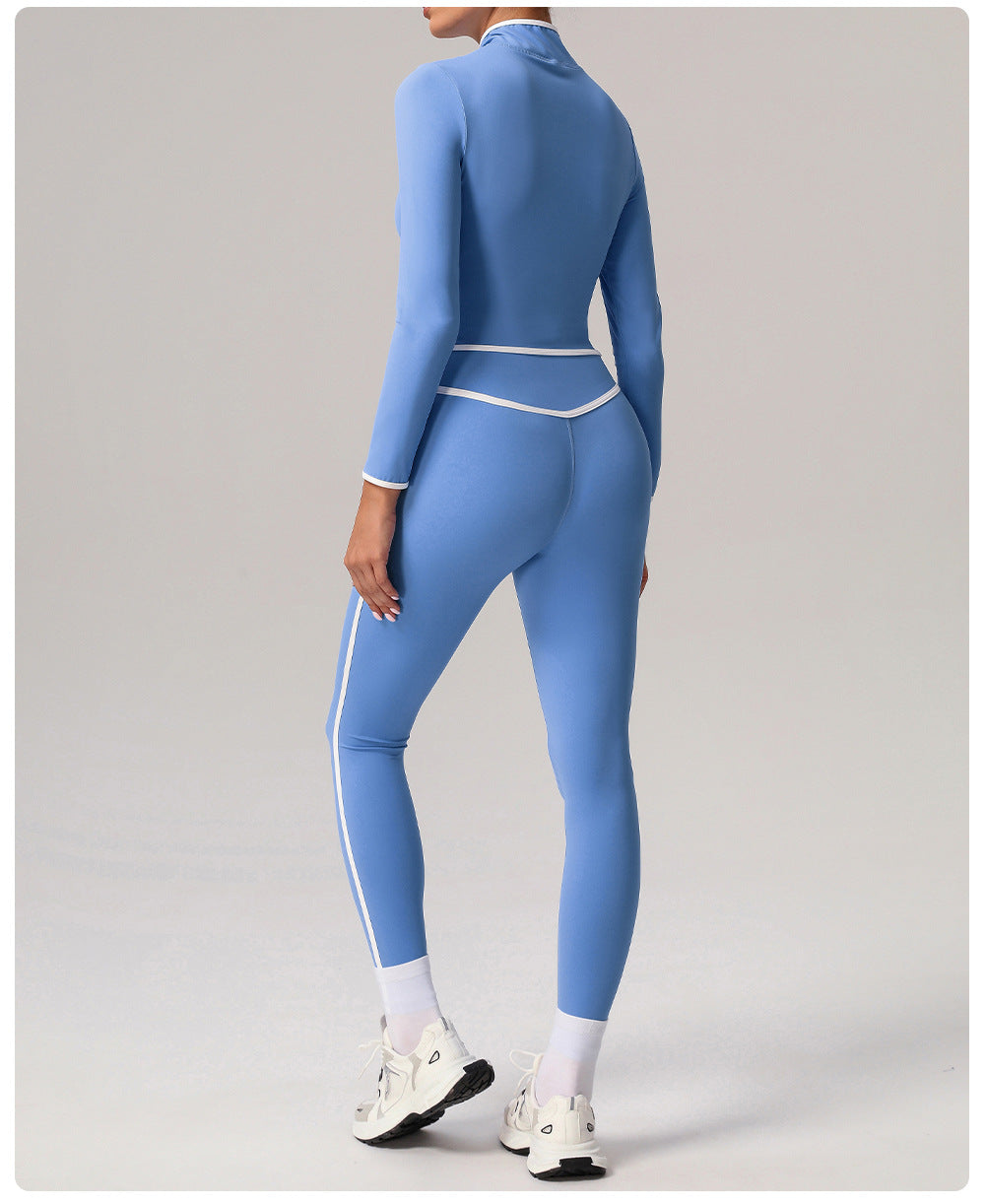 Contrast Color Sports Yoga Jacket Stand Collar Long Sleeve Coat Outdoor Workout Clothes Top
