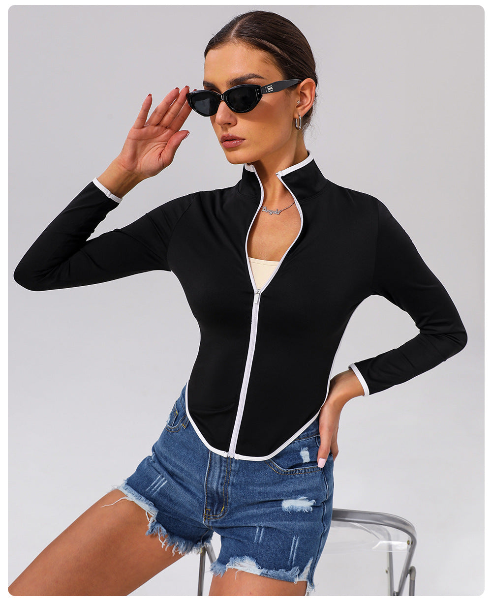 Contrast Color Sports Yoga Jacket Stand Collar Long Sleeve Coat Outdoor Workout Clothes Top