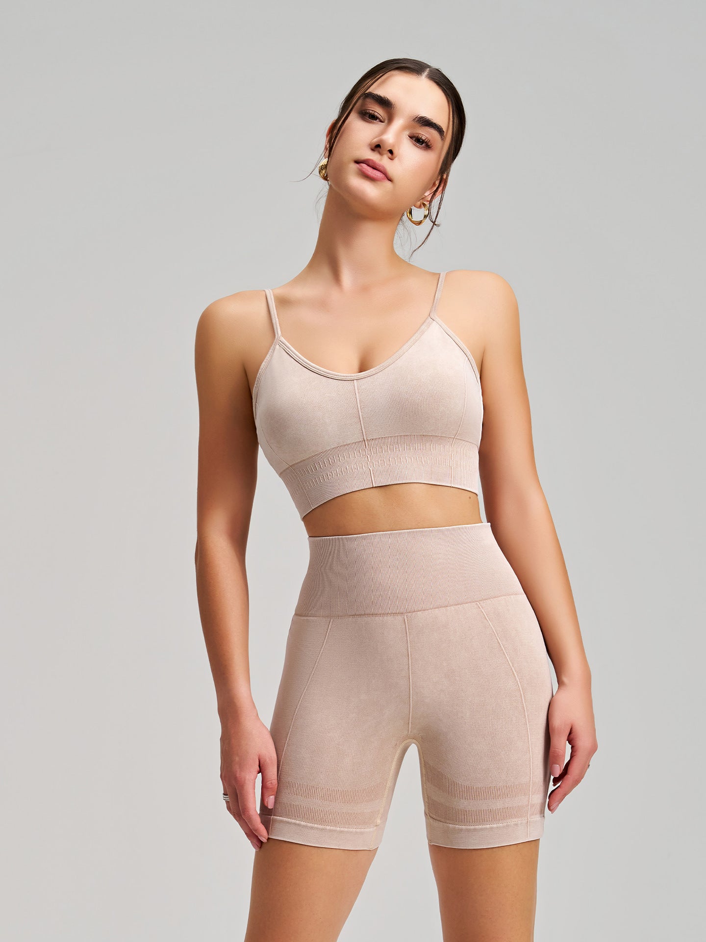 Tight Exercise Workout Outfit Seamless Stone Washed Yoga Shorts Sports Bra Two Piece Sets