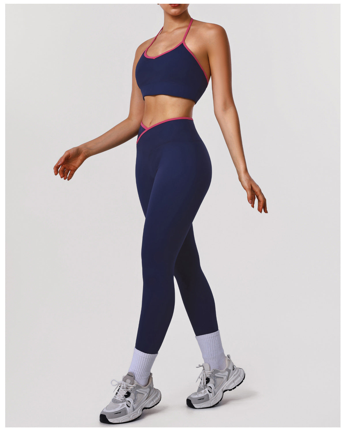 High Elastic Hip Lifting Tights Yoga Contrast Color Thin Band Halter Bra Training Sports Two Piece Sets Women